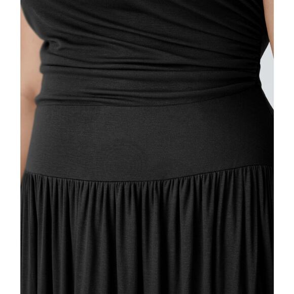 Halara Ribbed Boat Neck Asymmetric Strap Maxi Dress Black Sz Medium NEW - Picture 8 of 10